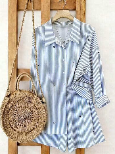GlowEve CURVE Plus Size Women Striped Lapel Single-Breasted Long Sleeve Shirt And Elastic Waist Shorts Casual Commuter Suit Summer Two Piece Set Striped Shirt Set Two Piece Set Blue Striped Shirt Shirt Sets For Women Stripe Shirt