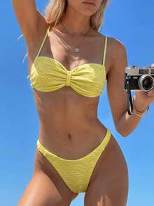 Swim Mod 女士提花面料吊带比基尼套装，适合春夏度假 - 黃色 - 查看 1