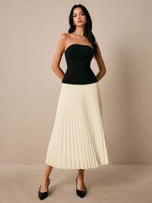 Poéselle 女士修身黑色抹胸上衣和米色百褶裙优雅两件套 - 杏色 - 查看 6