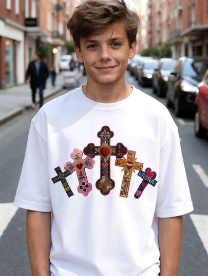 Tween Boys' Casual Minimalist Abstract Pattern Short Sleeve T-Shirt, Suitable For Summer