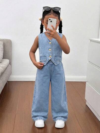 SHEIN 2pcs/Set Young Girl'New Fashion Y2k Cute Elegant Light Blue Denim Sleeveless Vest And Baggy Jeans Set Spring Summer,Casual And Versatile For Kids Girls Spring/Summer Dailywear Outfits,Girls Streetwear Outfits,Beach Vacation Outfits For Girls ,Girls Summer Boho Outfits,Casual Clothes For Girls ,Graphic Jeans Girls ,Toddler Two-Piece Set,4-Year-Old Girls Two-Piece Set,Summer Two-Piece Set,Casual Two-Piece Set
