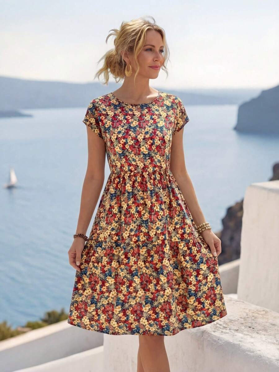 EMERY ROSE 女式夏季休闲碎花度假蝙蝠袖连衣裙 - 彩色 - 查看 1