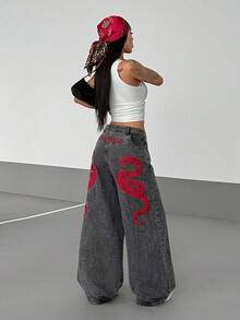 StreetHx 女士街头休闲Y2K风格刺绣阔腿牛仔裤 - 淺灰色 - 查看 3