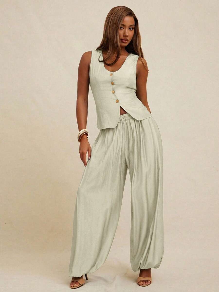 NYA SZN 女士套装（上衣+裤子）上衣背心深V领纽扣修身长裤高腰飘逸褶皱裤适合办公室、商务休闲、日常休闲、早午餐、端庄教堂、秋冬季通勤穿着 - 米色 - 查看 1