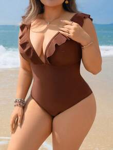 Swim Lushoire Traje de baño de una pieza para mujer talla grande 2026 de nuevo unicolor marrón, de moda, para vacaciones, uso diario y casual, con cuello alto con volantes, tirantes gruesos ajustables, escote en V profundo, espalda descubierta y cintura con lazo, que estiliza la figura - Marrón - Ver 3
