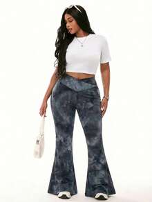 Solavibe 夏季大码扎染弹力舒适紧身喇叭裤 - 黑色 - 查看 5