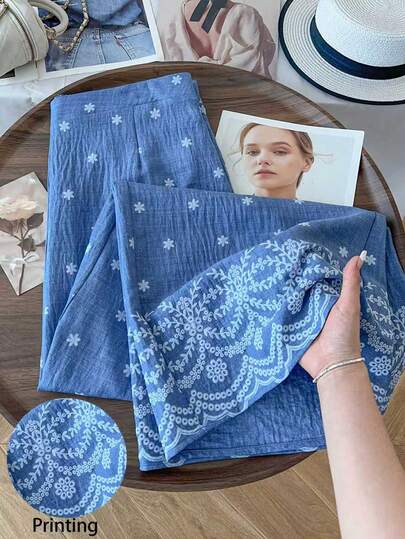 GlowEve CURVE 大码女式夏季刺绣印花休闲度假裤，刺绣印花宽松长裤