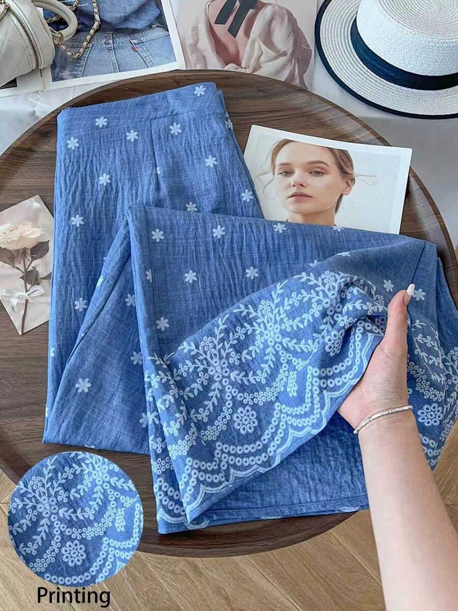 GlowEve CURVE 大码女式夏季刺绣印花休闲度假裤，刺绣印花宽松长裤 - 藍色 - 查看 1