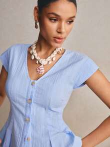 Poéselle 女士V领前开襟纽扣修身休闲短袖衬衫，夏季 - 藍色 - 查看 7