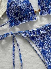 Swim Mod Swim Suits For Women Women's Summer Beach Solid Color Ruffle Trim Halter Neck Tie Two Pieces Bikini Set - Multicolor - View 5