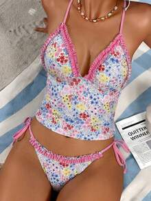 Swim Mod 2026春夏新款甜美碎花三角杯褶皱荷叶边露背吊带背心及系带三角比基尼泳裤两件套 - 彩色 - 查看 1