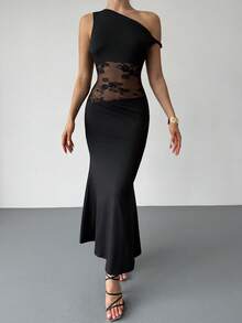 RiviMae 女士不对称领性感蕾丝拼接修身鱼尾连衣裙/黑色连衣裙/女士夏季连衣裙 - 黑色 - 查看 6