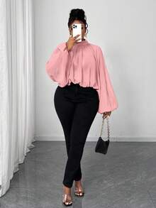 Maweii Blusa elegante de unicolor con volantes y mangas farol para tallas grandes, otoño - Rosa - Ver 3