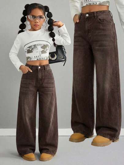 SHEIN Quần jeans ống rộng cạp thấp màu xanh cổ điển dành cho bé gái tuổi teen