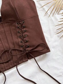 Soleia 新款性感V领系带麂皮解构女式背心，适合假日、约会、下午茶、度假、音乐节、波西米亚风、邮轮、海滩、圣诞节、新年、夜店等场合。 - 咖啡棕 - 查看 4