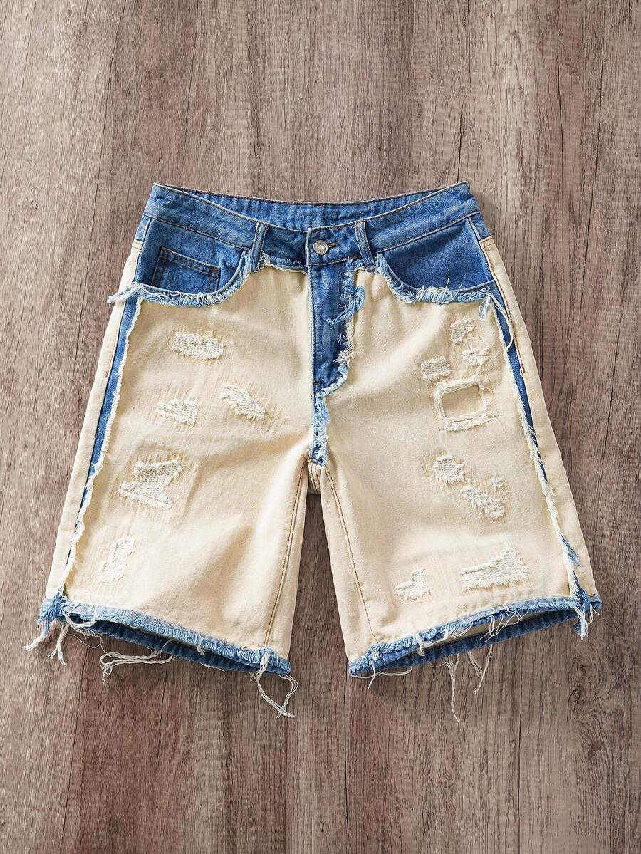 Manfinity Joysei Manfinity Streetrush Men's Contrast Color Fringe Casual Denim Shorts - Khaki - View 1