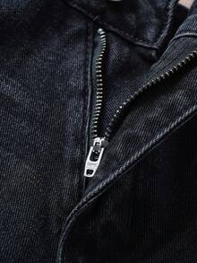 Manfinity Joysei Shorts jeans masculino casual preto com bolso frontal e desfiado - Preto - Ver 3
