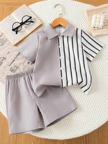 SHEIN Streecool Kids 2件組男孩時尚休閒條紋印花短袖襯衫與短褲夏季套裝 - 灰色 - 查看 6