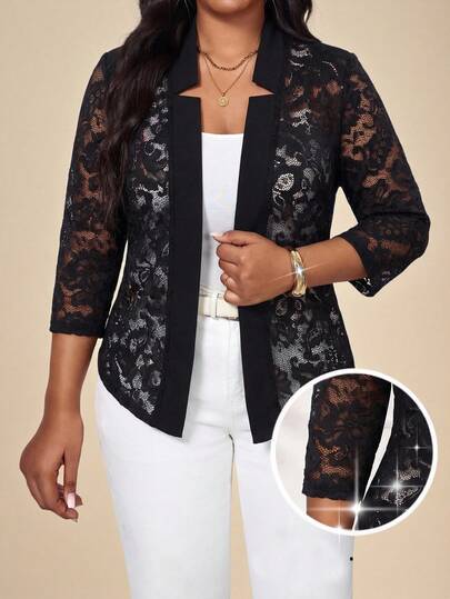 Fleurora Blazer transparent à manches longues en dentelle de couleur unie grande taille