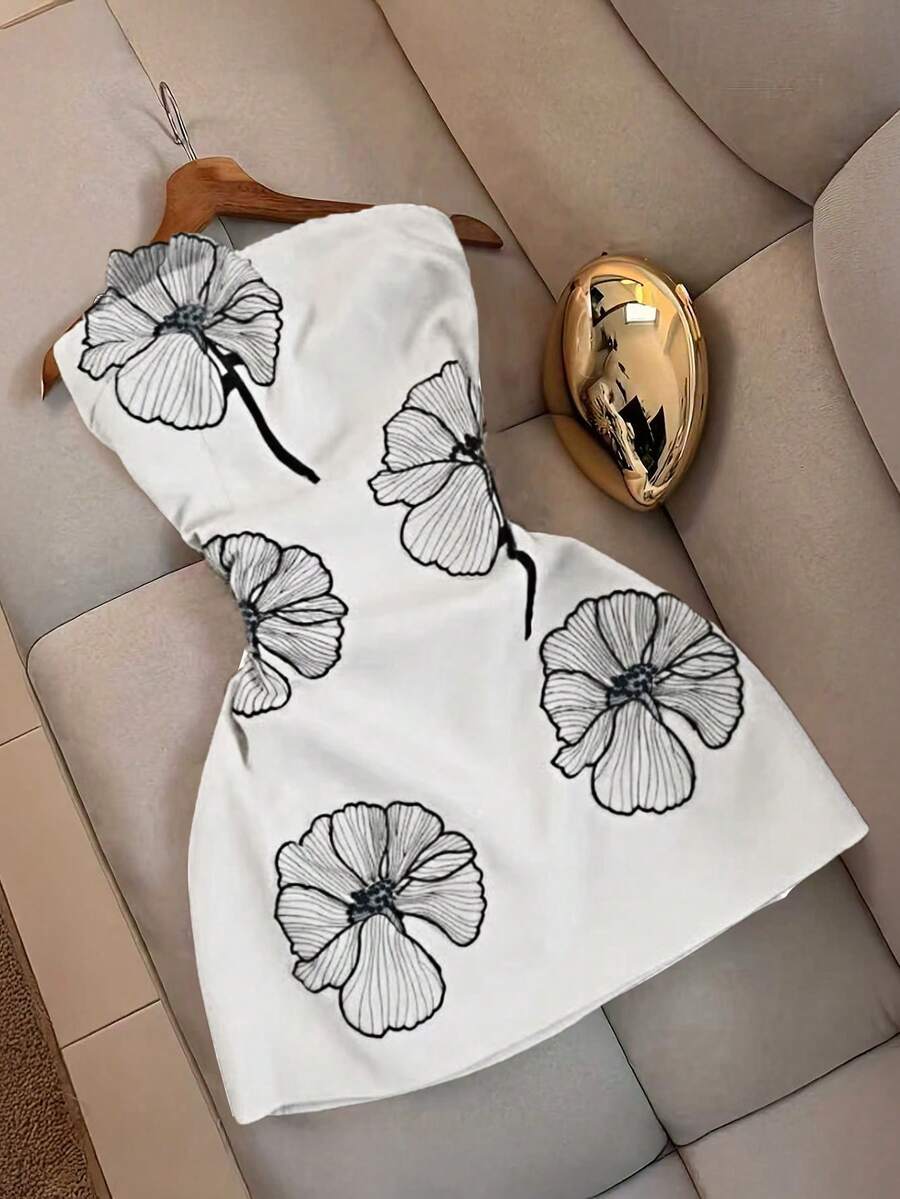 SHEIN Clasi Đầm ôm eo kiểu dáng hoa 3D Pháp mới, cỡ lớn, dành cho người có vóc dáng đầy đặn. - trắng - Xem 1