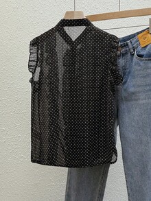 Franclia French Retro Polka Dot Sleeveless Chiffon Blouse. Classic Black And White Polka Dot Chiffon Fabric, Breathable And Smooth. It Won't Make You Sweat In Summer. It Has A Hazy And Transparent Quality. The Ruffled Stand-Up Collar And Placket Design Show A Retro Style. It Is Suitable For Snrina And Women In Summer. It Is Suitable For Summer, Spring, Easter, Festivals, Parties, Beach Weddings, Graduation Ceremonies, Outdoor Activities, Birthday Celebrations, Elegant Vacations, Casual Wear, Luxurious Style, Sportswear, Formal Wear, And Graduation Season Clothing. It Is Also Suitable For Fashionable Casual Commuting Wear, Business Office Wear, Versatile And Fashionable Daily Casual Wear, And Urban Teacher Professional Wear. - Black - View 2