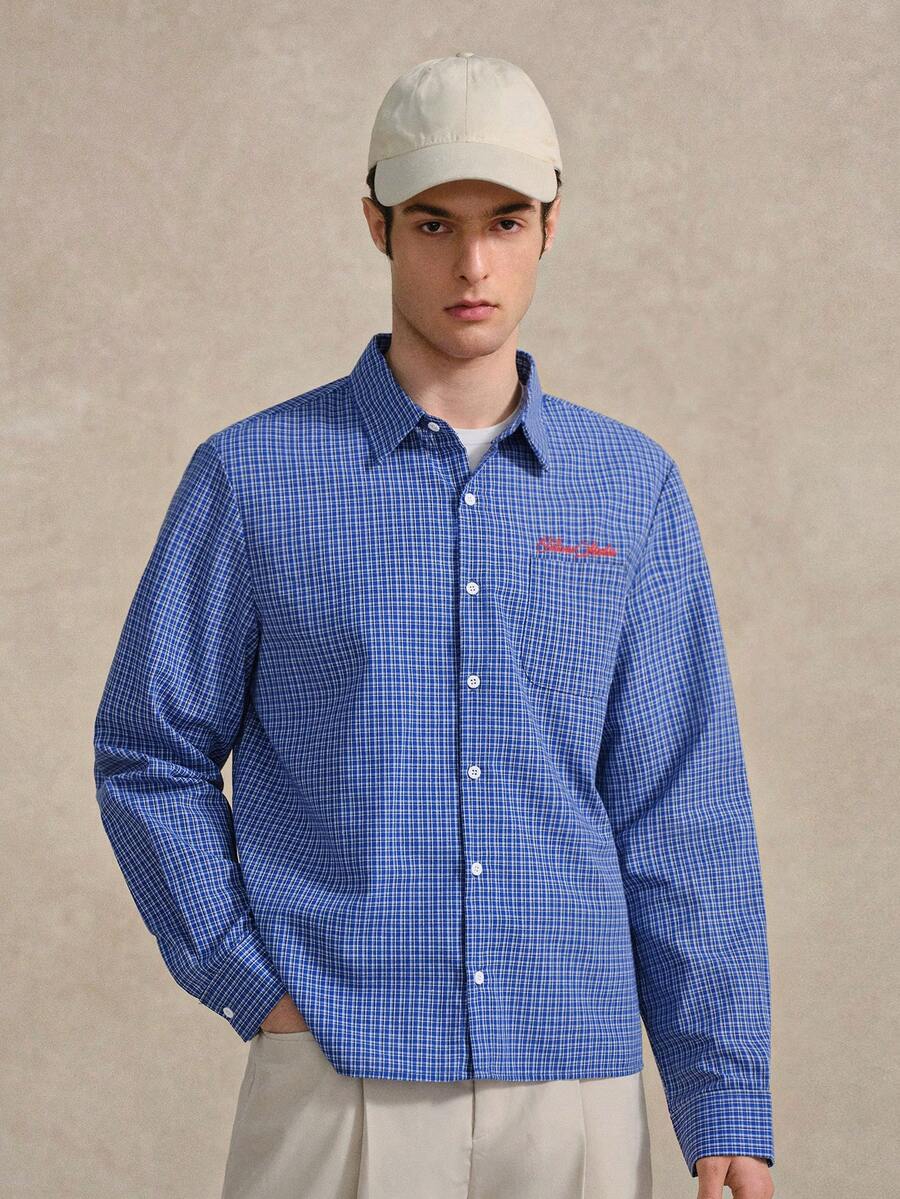 Courvante 男士休闲学院风刺绣格子衬衫，父亲节礼物，日常通勤 - 彩色 - 查看 1