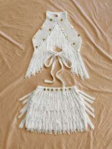 Soleia Fringe Detail Knit Top, Ibiza Style, Sexy Holiday Celebration Knit Vacation, Autumn/Winter - White - View 4