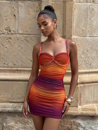 Aloruh Women's New Summer Vacation Music Festival Tie-Dye Print Mesh Tie Dye Print Braided Strap Twist Bust Cup Sexy Bodycon Fishtail Dress, Suitable For Beach, Vacation, Sand, Sunset