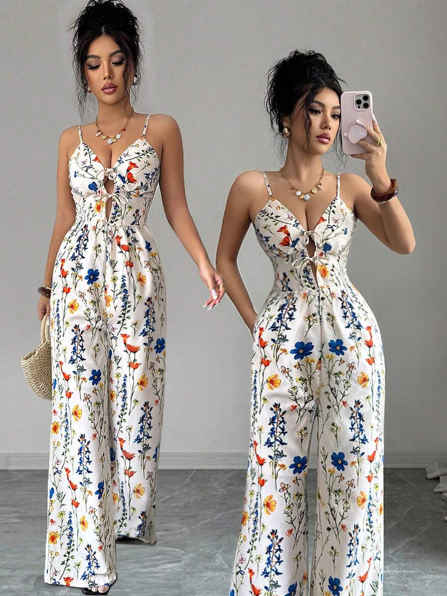 Elenzga 新款女士前系带镂空印花连体裤，无袖露背吊带连体裤，休闲时尚优雅百搭女士连体裤，适合外出、通勤、派对、下午茶、聚会等场合。 - 杏色 - 查看 1