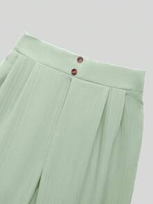 Pantalones sueltos con botones y rayas verticales texturizadas para niñas preadolescentes - Verde - Ver 3
