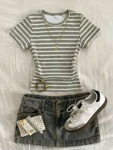 Glimmora 女士束腰条纹T恤，休闲条纹，百搭夏季时尚 - 彩色 - 查看 1