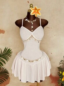 Sunspun Váy ngắn ôm sát, dây mảnh, thích hợp cho kỳ nghỉ hè trên bãi biển. - Màu be - Xem 6