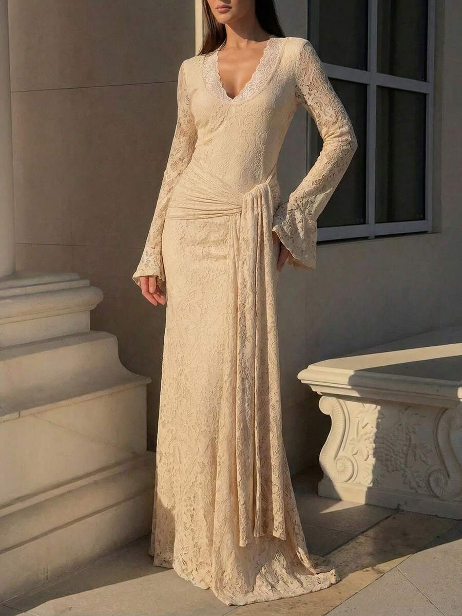 Lumalex Đầm dài tay ôm dáng ren mơ gợi cảm thanh lịch, cổ chữ V sâu, tay loe, thắt nút trang trí, thời trang xuân/thu