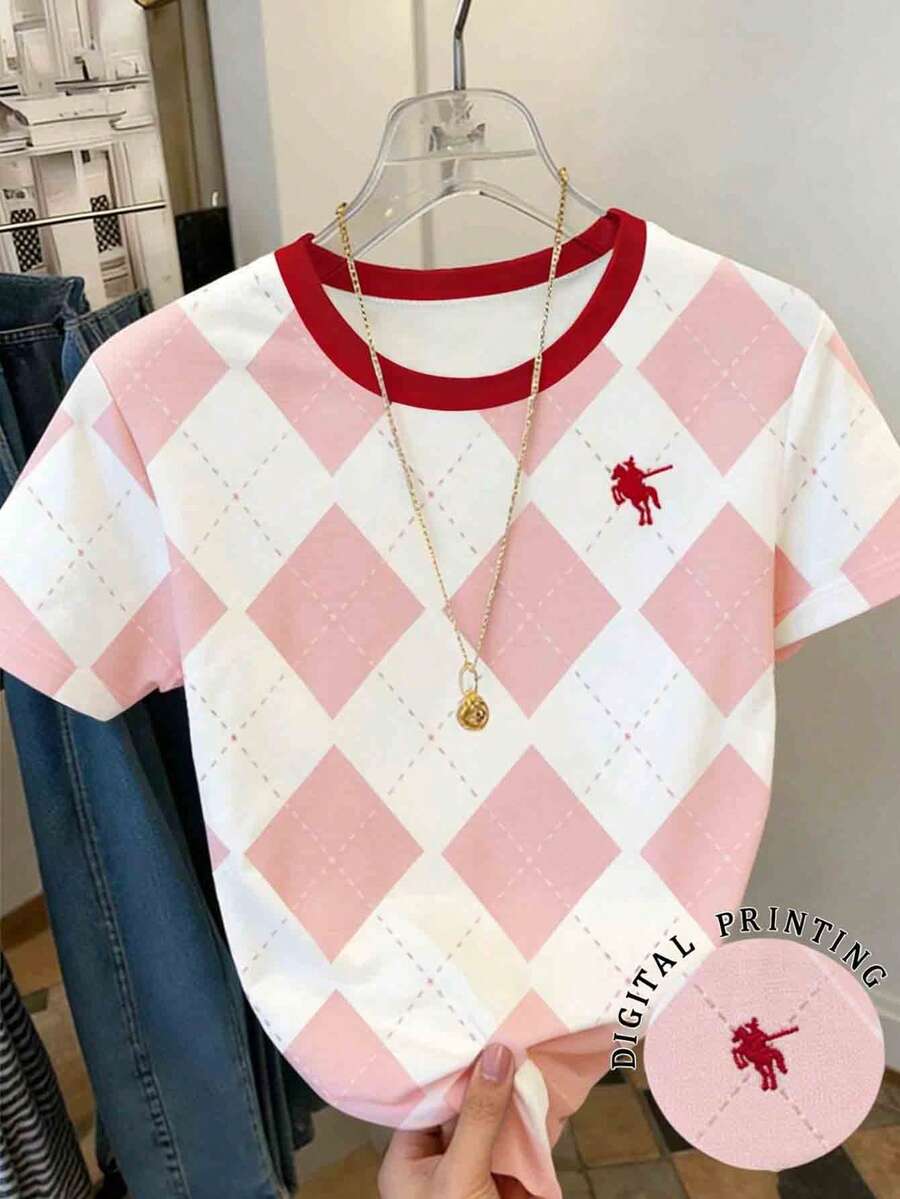 Blusa casual de mujer con estampado gráfico, cuello redondo, cómoda y con bloques de color, adecuada para uso diario y estacional - Rosa - Ver 1