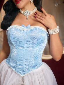 PinupPomp 提花缎面束腰上衣，系带腰身，3D缎面蝴蝶结蕾丝拼接胸衣 - 淺藍色 - 查看 1