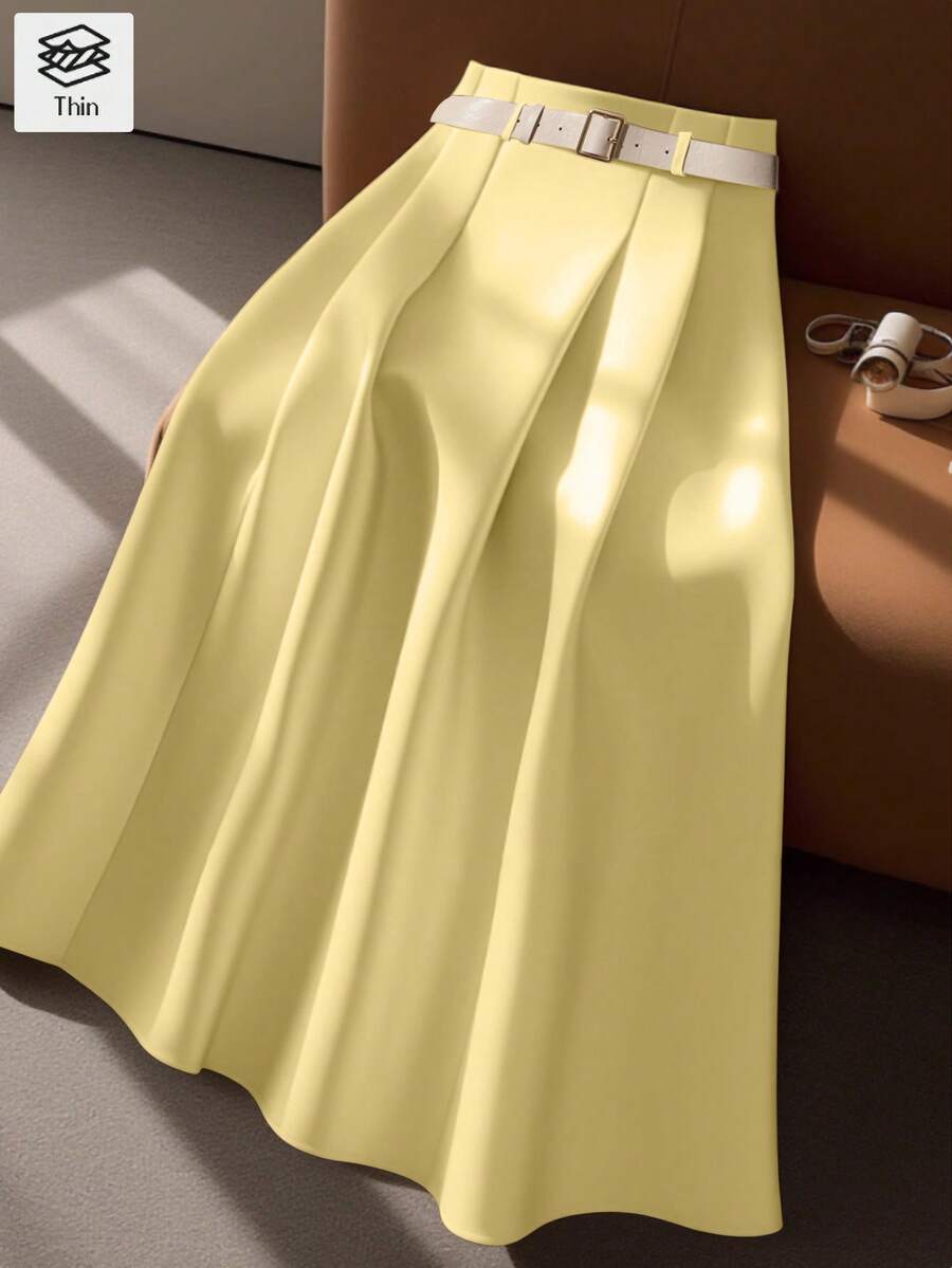 Franclia 纯色简约设计优雅皮革腰带裙 - 淡黃色 - 查看 1