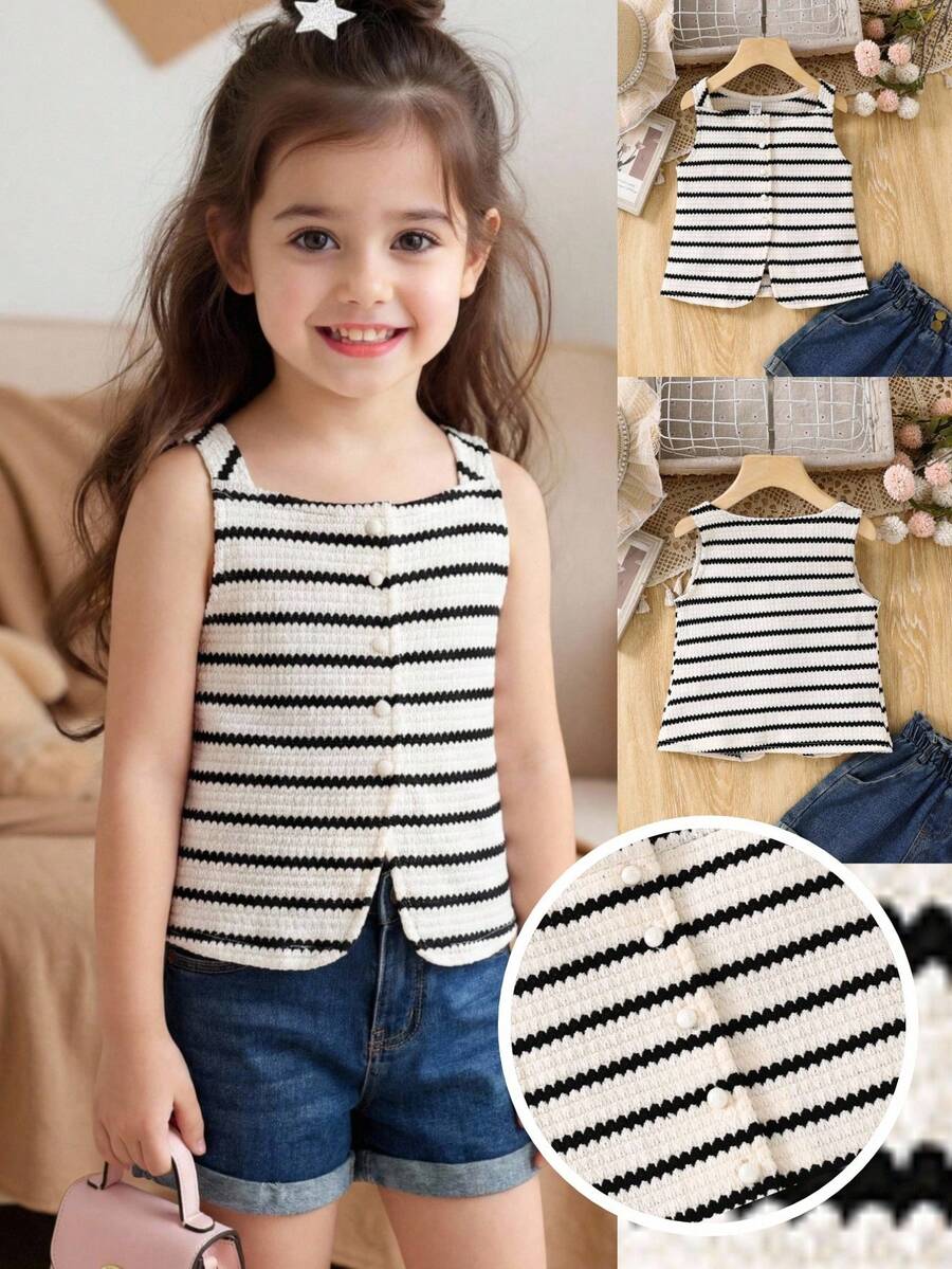 SHEIN Young Girl Striped Crew Neck Sleeveless Cardigan - Black and White - View 1