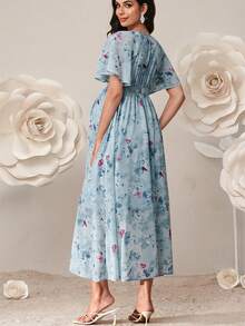 SHEIN 夏季孕妇优雅印花褶皱胸部连衣裙 - 淺藍色 - 查看 8
