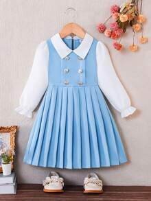 SHEIN Elladie kids 女童藏蓝色彼得潘领双排扣褶裥下摆长袖两用连衣裙，适合休闲、优雅、可爱日常、通勤和上学穿着。 - 淺藍色 - 查看 3