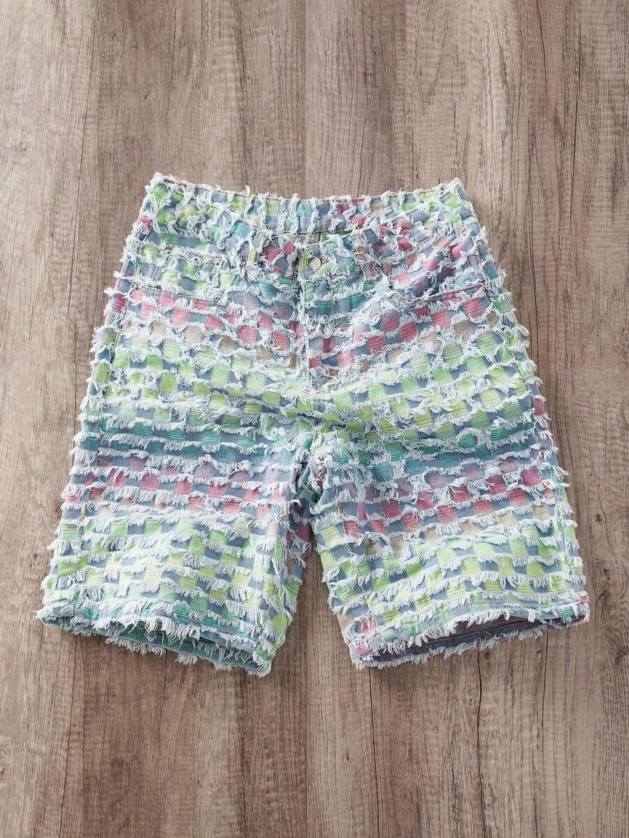 Manfinity Joysei Men's Summer Fashion Street Gradient Slant Pocket Frayed Hem Wide Leg Denim Shorts - Light Wash - View 1