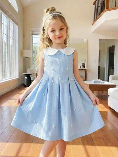 SHEIN Genkimix Kids 春夏新款优雅公主风少女缎面彼得潘领纹理面料珍珠装饰连衣裙