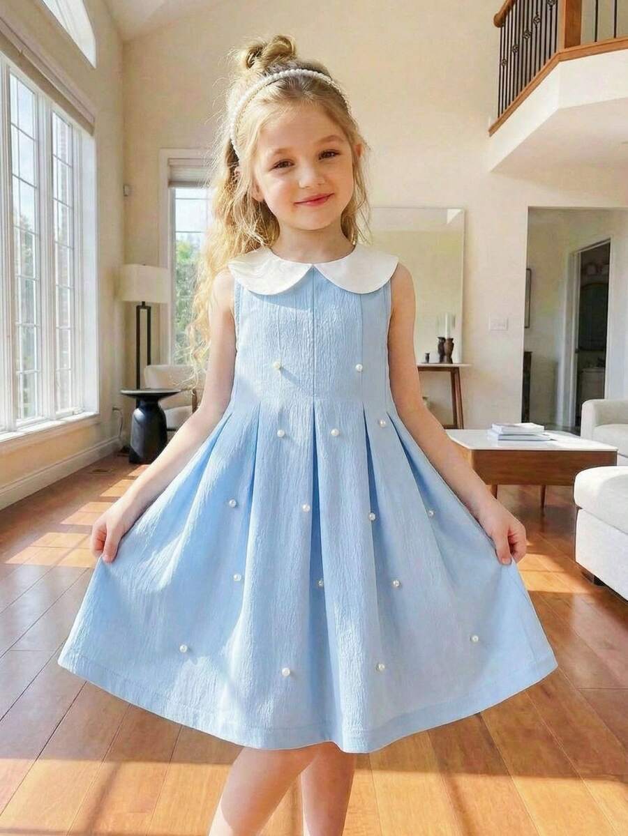 SHEIN Genkimix Kids 春夏新款优雅公主风少女缎面彼得潘领纹理面料珍珠装饰连衣裙 - 藍色 - 查看 1