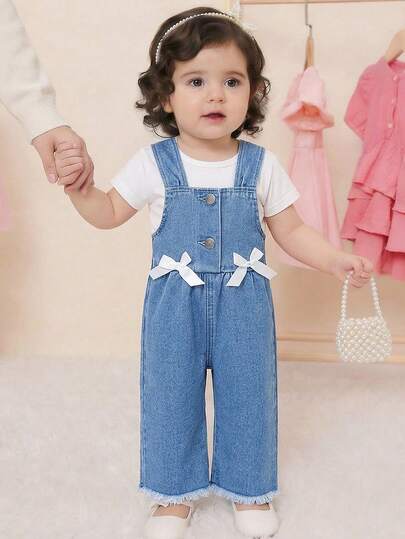 Pantalones peto vaqueros para niñas pequeñas con lazo decorativo en la cintura, estilo vintage, dulce y casual