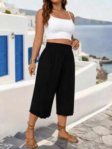 Linhara CURVE Plus Size Women Casual Ruffle Hem Wide Leg Capri Pants - Black - View 3