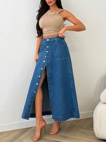 SHEIN High Waist Medium Wash Blue Button Front Long Midi Woman's Skirt - Medium Wash - View 9