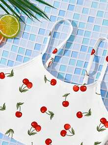 SHEIN 女童休闲可爱复古樱桃印花修身吊带背心和三角比基尼泳衣套装，适合夏季休闲度假，#Coconutgirl，可爱夏季外出穿搭，夏季儿童单品，夏季外出装备，韩版风格，返校季，返校节，复古风 - 彩色 - 查看 4