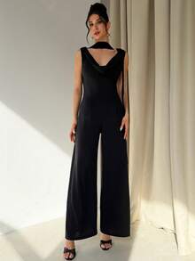 Firerie Damen eleganter minimalistischer Casual Pendler Alltags-Look, Leinen farbiges Jumpsuit mit drapiertem Kragen und weitem, geradem Bein, geeignet für Lehrer, Urlaub - Schwarz - Übersicht 7