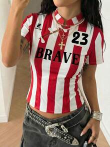 SHEIN EZwear 新款中国风翻领条纹数字短袖修身运动衫，春夏新款，外套，世界杯球迷服，比赛日穿搭，新款中国风女式运动衫，女式足球衫，女式条纹T恤，女式品牌T恤，女式最新款上衣，女式运动衫，女式橄榄球上衣，女式短袖上衣，女式夏季上衣，女式T恤 - 彩色 - 查看 1