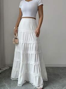 GlowEve 女士复古蕾丝拼接低腰喇叭裙，百搭宽松款，春夏款 - 白色 - 查看 3