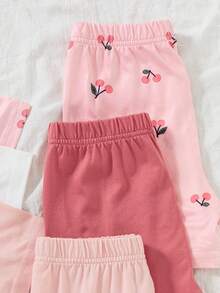 Vintaside Kids 3pcs Girls' Cute Mini Cherry Print Casual Loose Short Sleeve T-Shirt And Shorts Set, Suitable For Summer - Multicolor - View 8